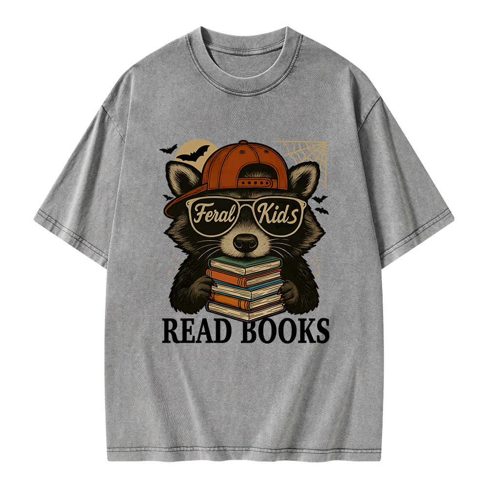 Pagewings Feral Kid Read Books Unisex Washed T-shirt