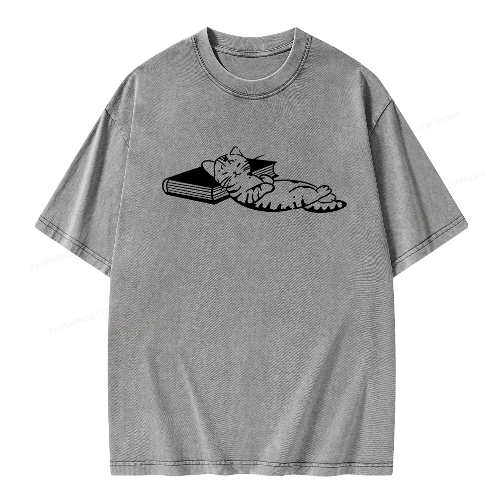 Pagewings A Cat Sleeping On The Book Unisex Washed T-shirt