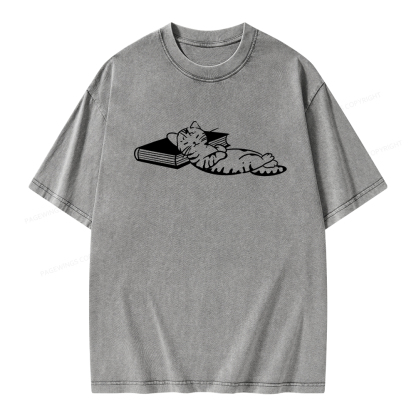 Pagewings A Cat Sleeping On The Book Unisex Washed T-shirt