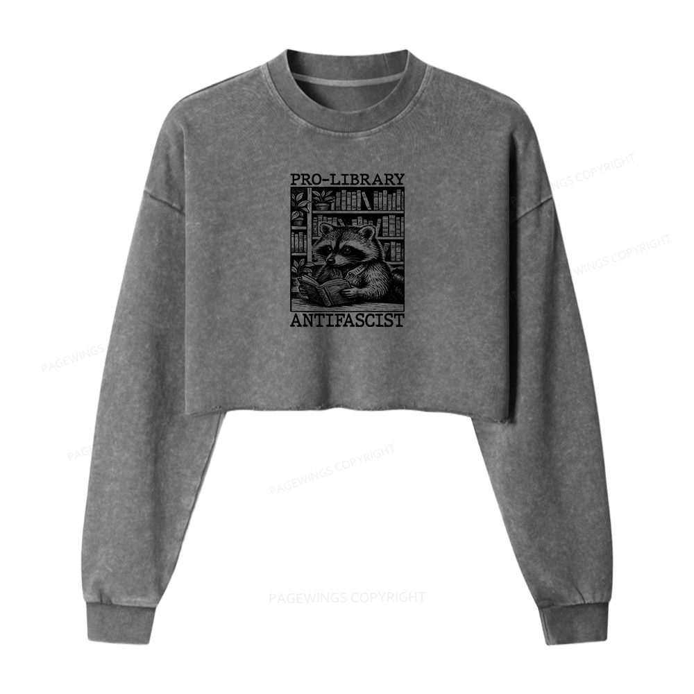 Pagewings Pro Library Antifascist Women Washed Crop Sweatshirt