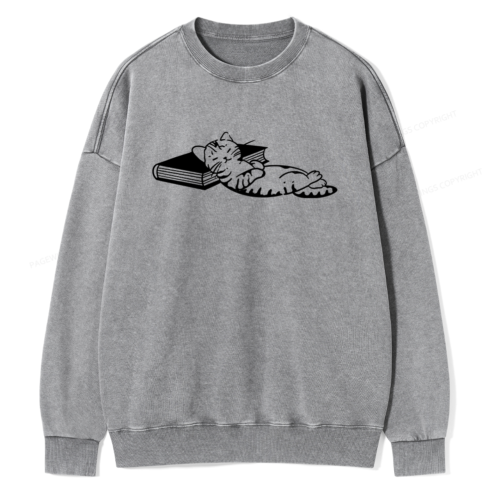 Pagewings A Cat Sleeping On The Book Unisex Washed Sweatshirt