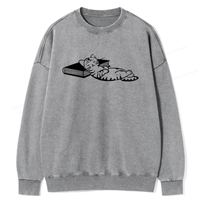 Pagewings A Cat Sleeping On The Book Unisex Washed Sweatshirt
