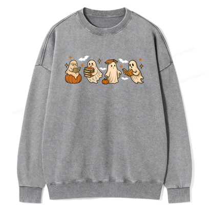 Pagewings Cute Ghost Reading Book Halloween Unisex Washed Sweatshirt