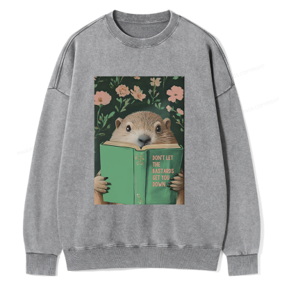 Pagewings Groundhog Reading Motivational Book Unisex Washed Sweatshirt
