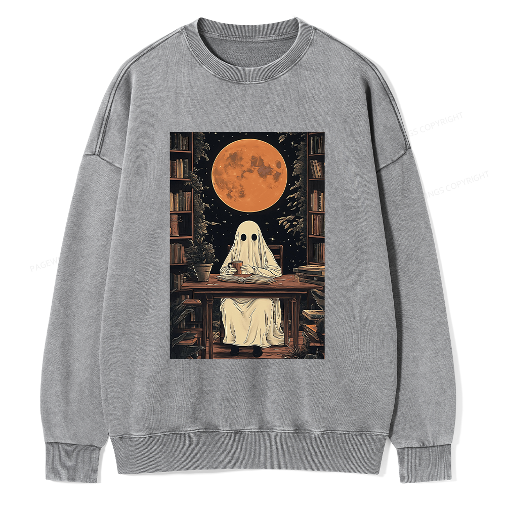 Pagewings Halloween Ghost Books Coffee Unisex Washed Sweatshirt