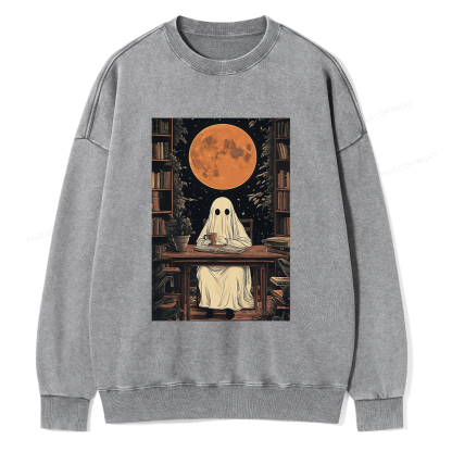 Pagewings Halloween Ghost Books Coffee Unisex Washed Sweatshirt