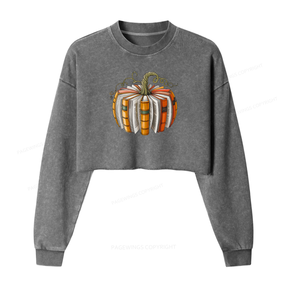 Pagewings Fall Book Pumpkin Women Washed Crop Sweatshirt