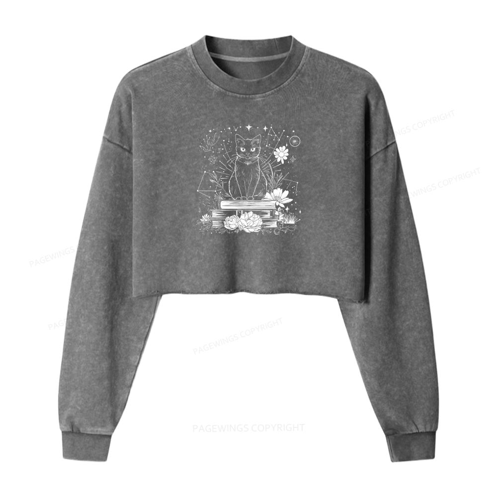 Pagewings Black Cat Book Lover Women Washed Crop Sweatshirt