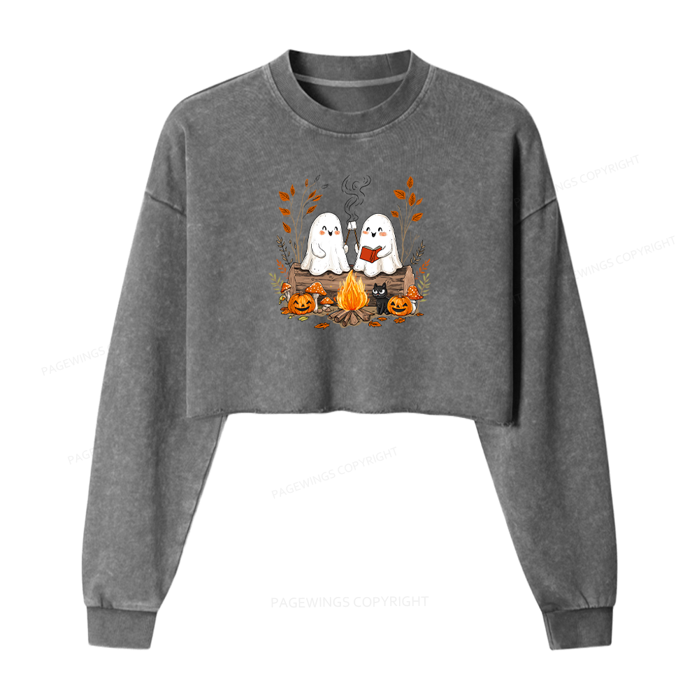 Pagewings Cute Ghost Halloween Women Washed Crop Sweatshirt