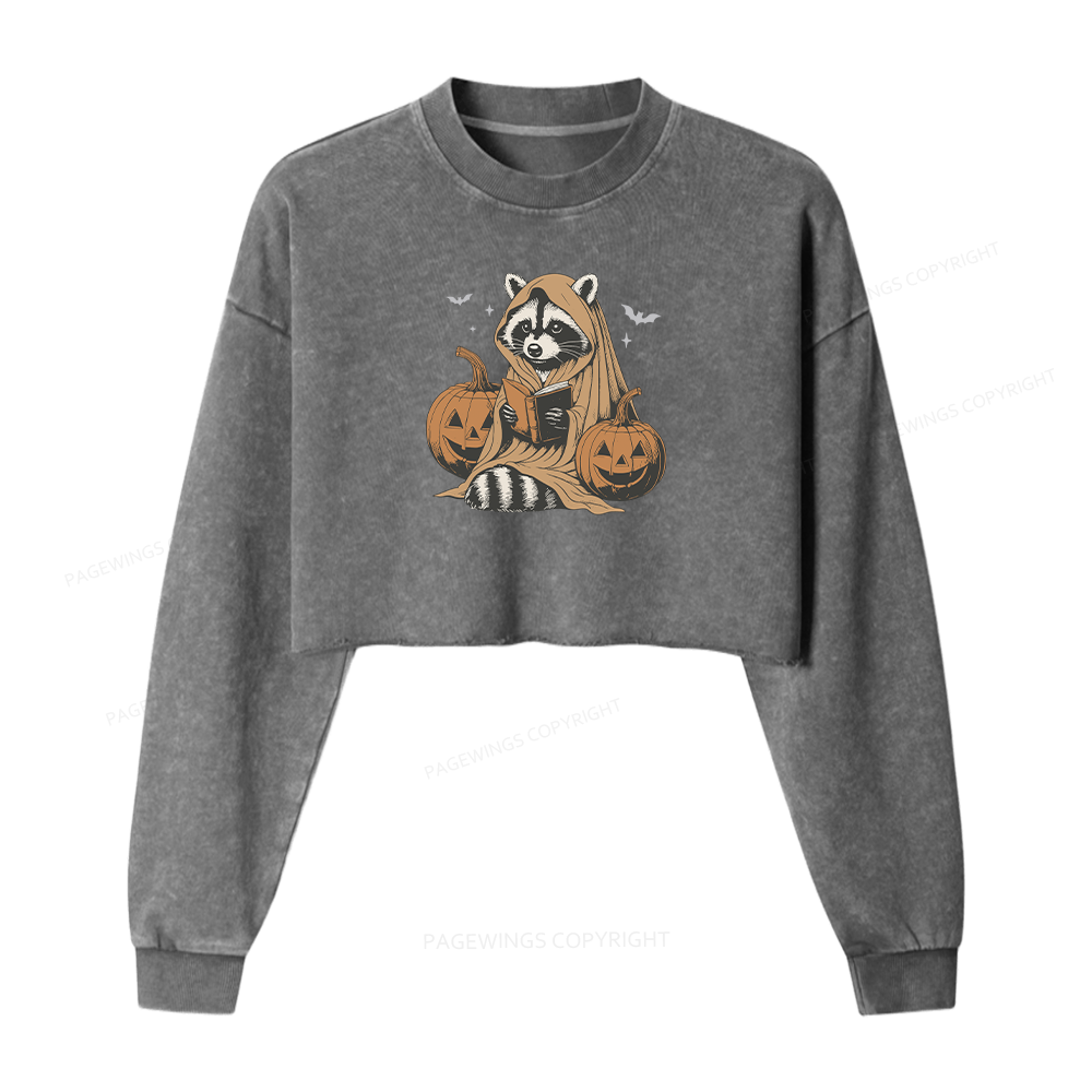 Pagewings Halloween Cute Raccoon Ghost Reading Women Washed Crop Sweatshirt