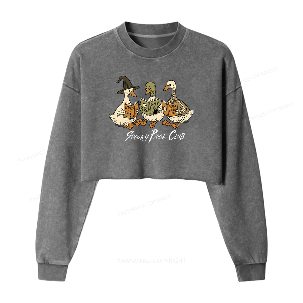 Pagewings Spooky Book Club Women Washed Crop Sweatshirt