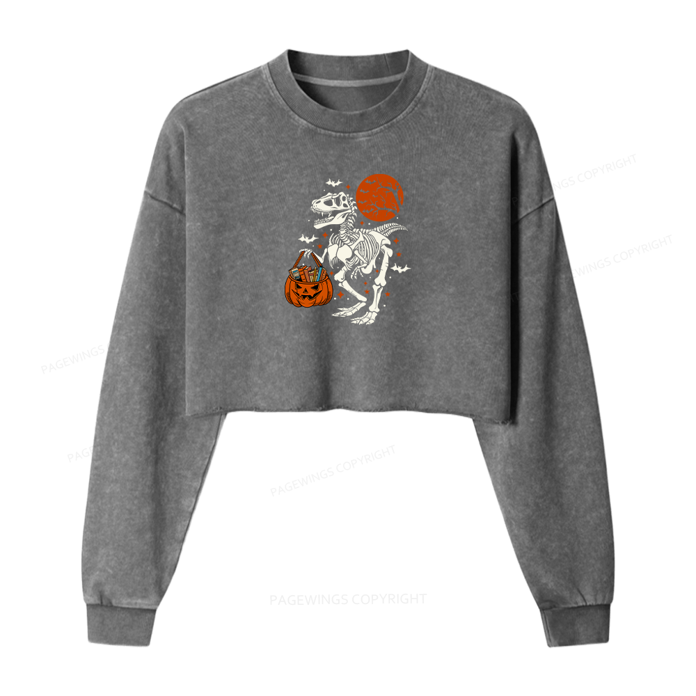 Pagewings Dinosaur Halloween Women Washed Crop Sweatshirt