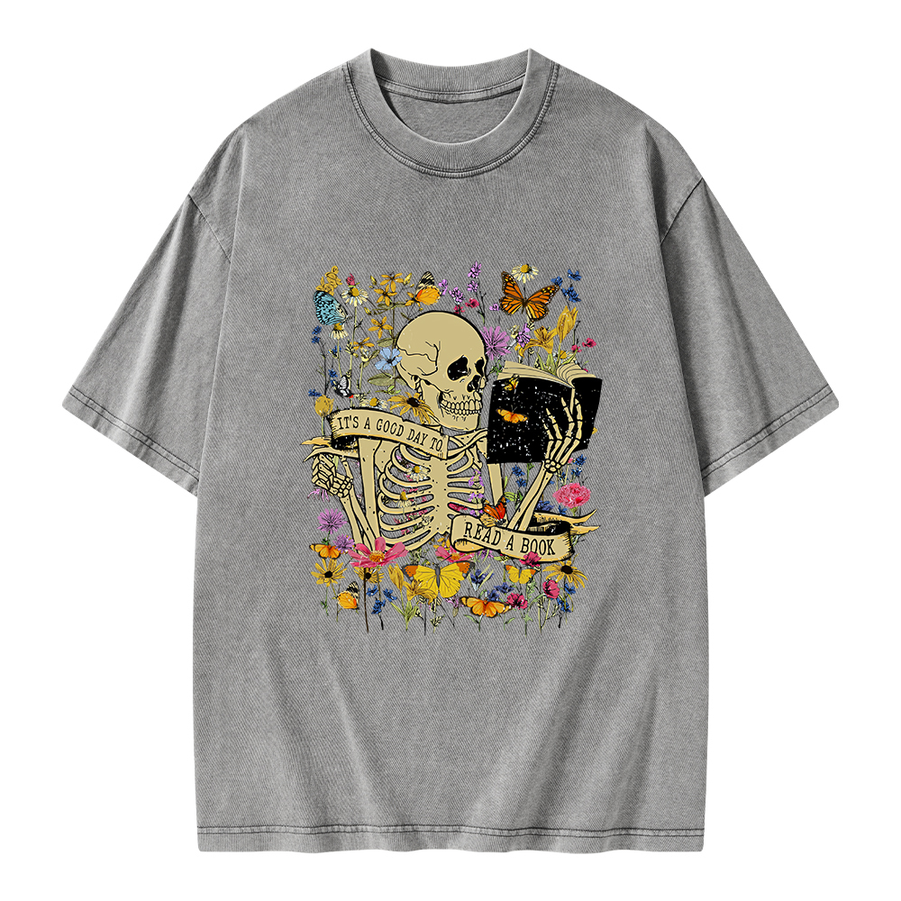 Pagewings Skull Skeleton Reading Book Unisex Washed T-shirt