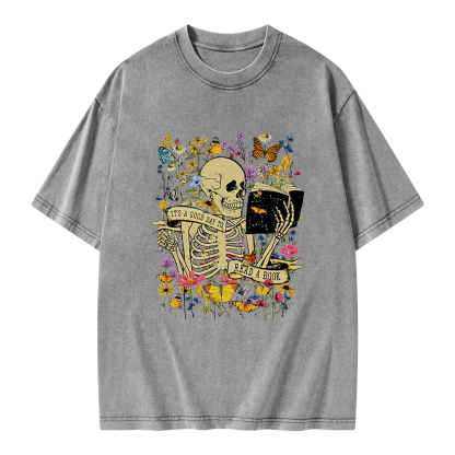Pagewings Skull Skeleton Reading Book Unisex Washed T-shirt