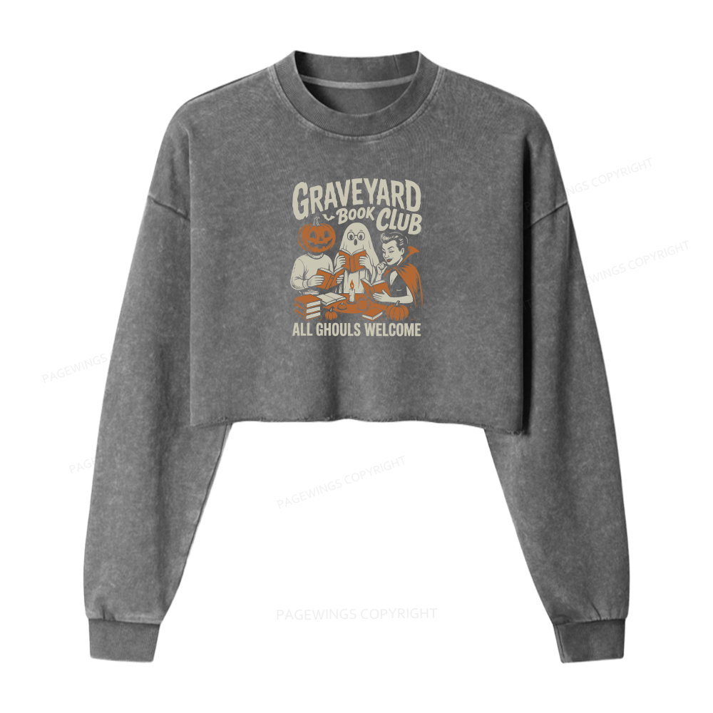 Pagewings Graveyard Book Club Women Washed Crop Sweatshirt