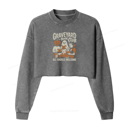 Pagewings Graveyard Book Club Women Washed Crop Sweatshirt