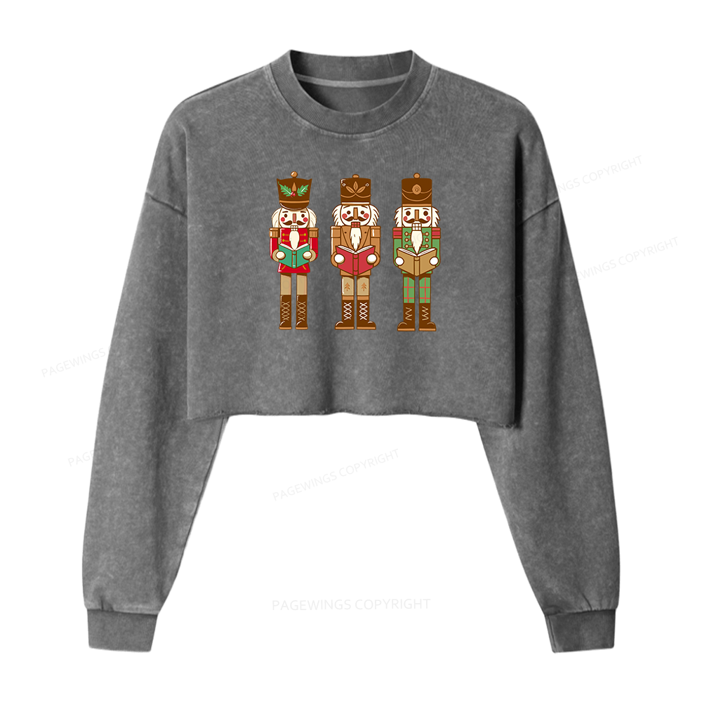 Pagewings Christmas Nutcracker Reading Books Women Washed Crop Sweatshirt