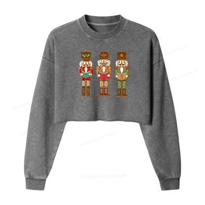 Pagewings Christmas Nutcracker Reading Books Women Washed Crop Sweatshirt