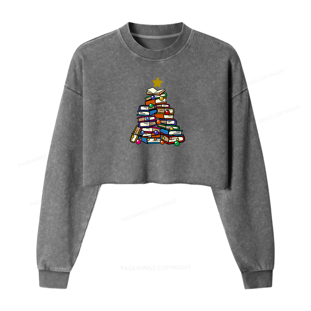 Pagewings Christmas Tree Bookworm Women Washed Crop Sweatshirt
