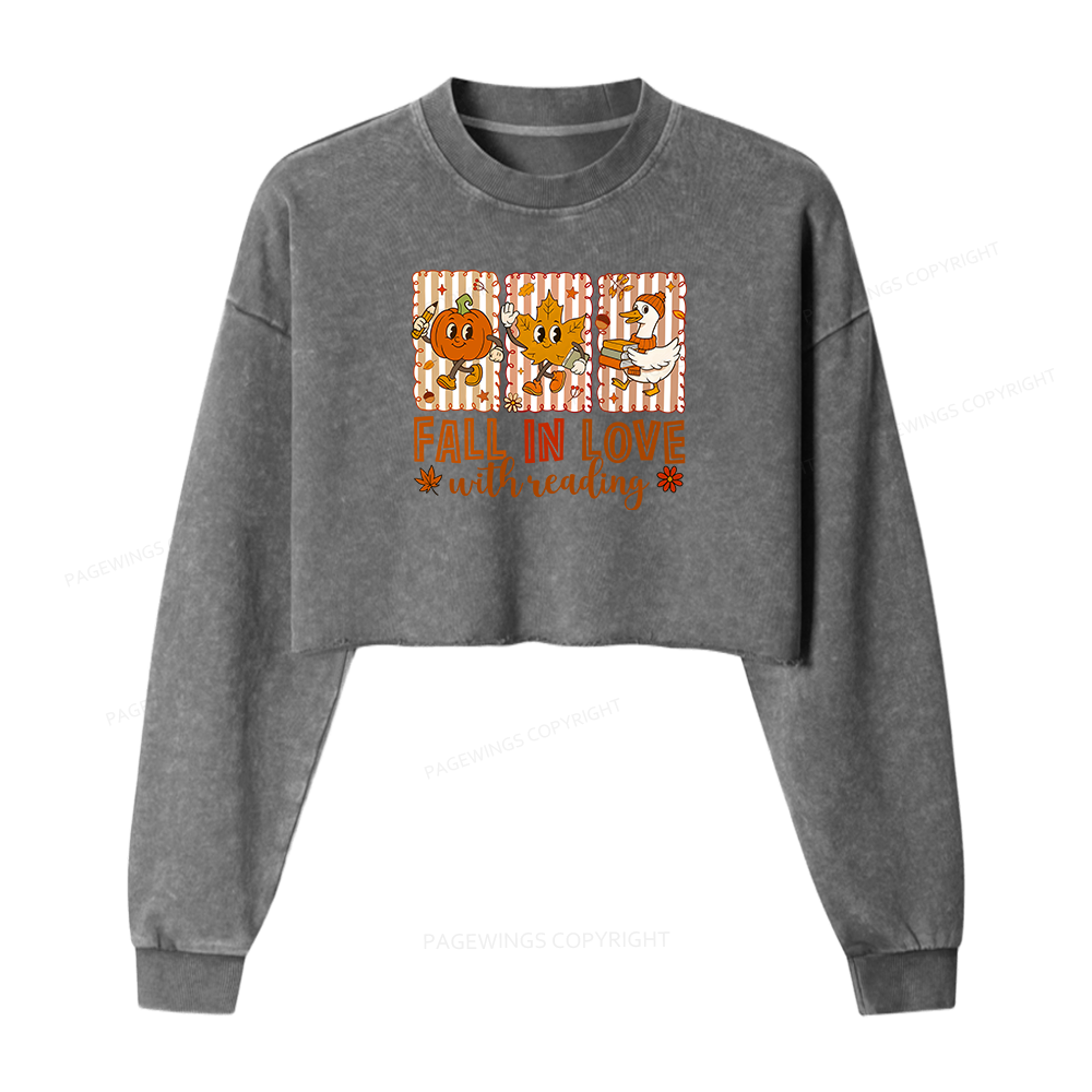 Pagewings Fall In Love With Reading Women Washed Crop Sweatshirt