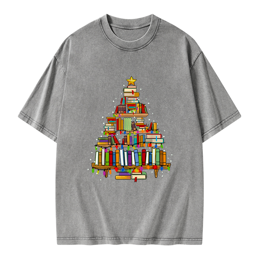 Pagewings Christmas Books Tree Unisex Washed T-shirt