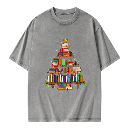 Pagewings Christmas Books Tree Unisex Washed T-shirt