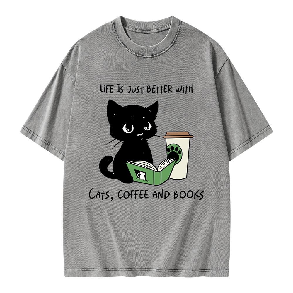 Pagewings Life Is Just Better With Cats Coffee And Books Unisex Washed T-shirt