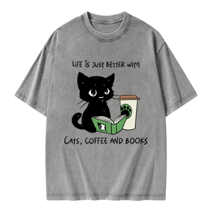 Pagewings Life Is Just Better With Cats Coffee And Books Unisex Washed T-shirt