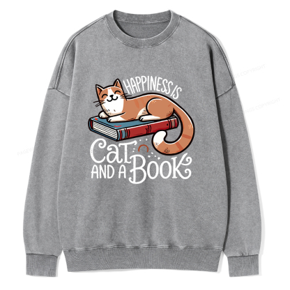 Pagewings Happiness Is A Cat And A Book Unisex Washed Sweatshirt
