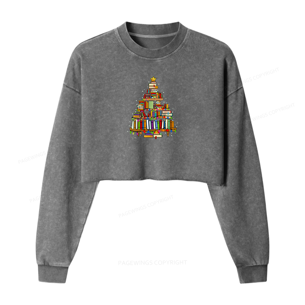 Pagewings Christmas Books Tree Women Washed Crop Sweatshirt