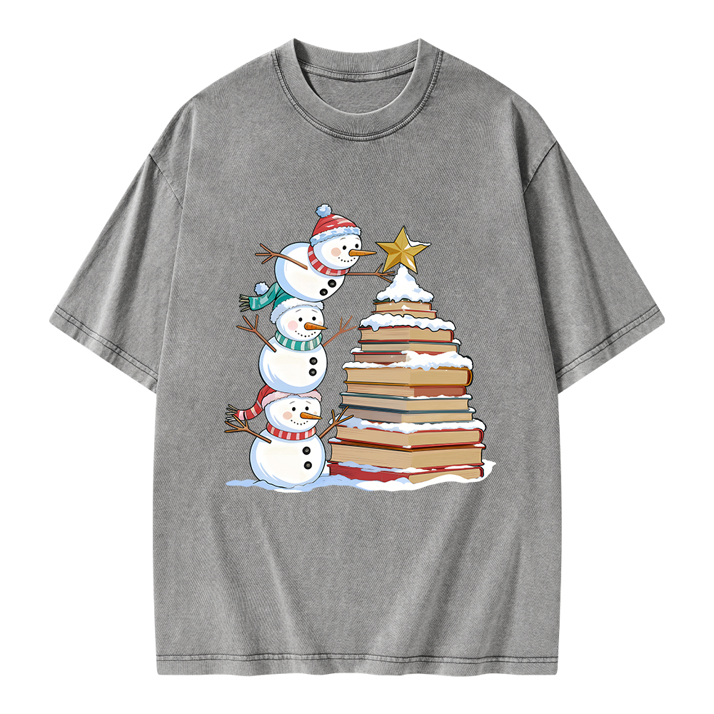Pagewings Christmas Snowman Books Tree Unisex Washed T-shirt
