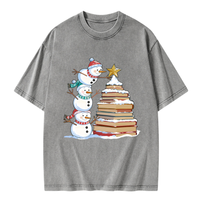 Pagewings Christmas Snowman Books Tree Unisex Washed T-shirt