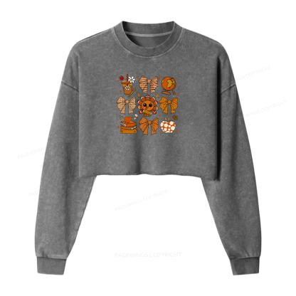 Pagewings Thanksgiving Fall Autumn Women Washed Crop Sweatshirt