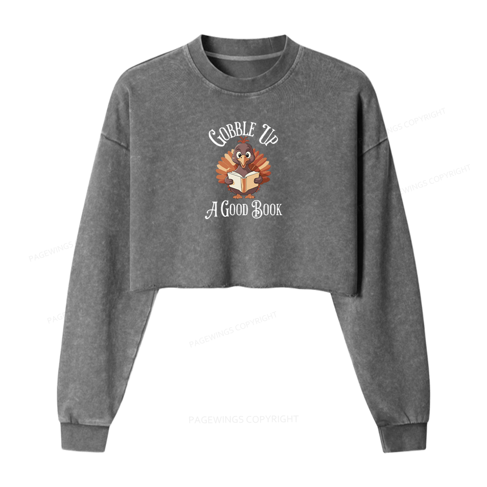 Pagewings Thanksgiving A Good Book Women Washed Crop Sweatshirt
