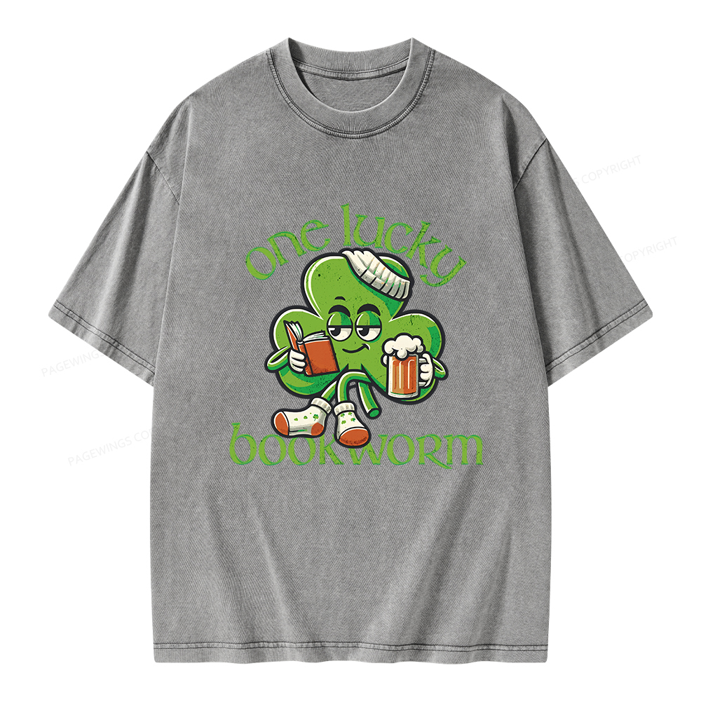 Pagewings  Lucky Book worm Shirt St. Patrick Day outfit Unisex Washed T-shirt