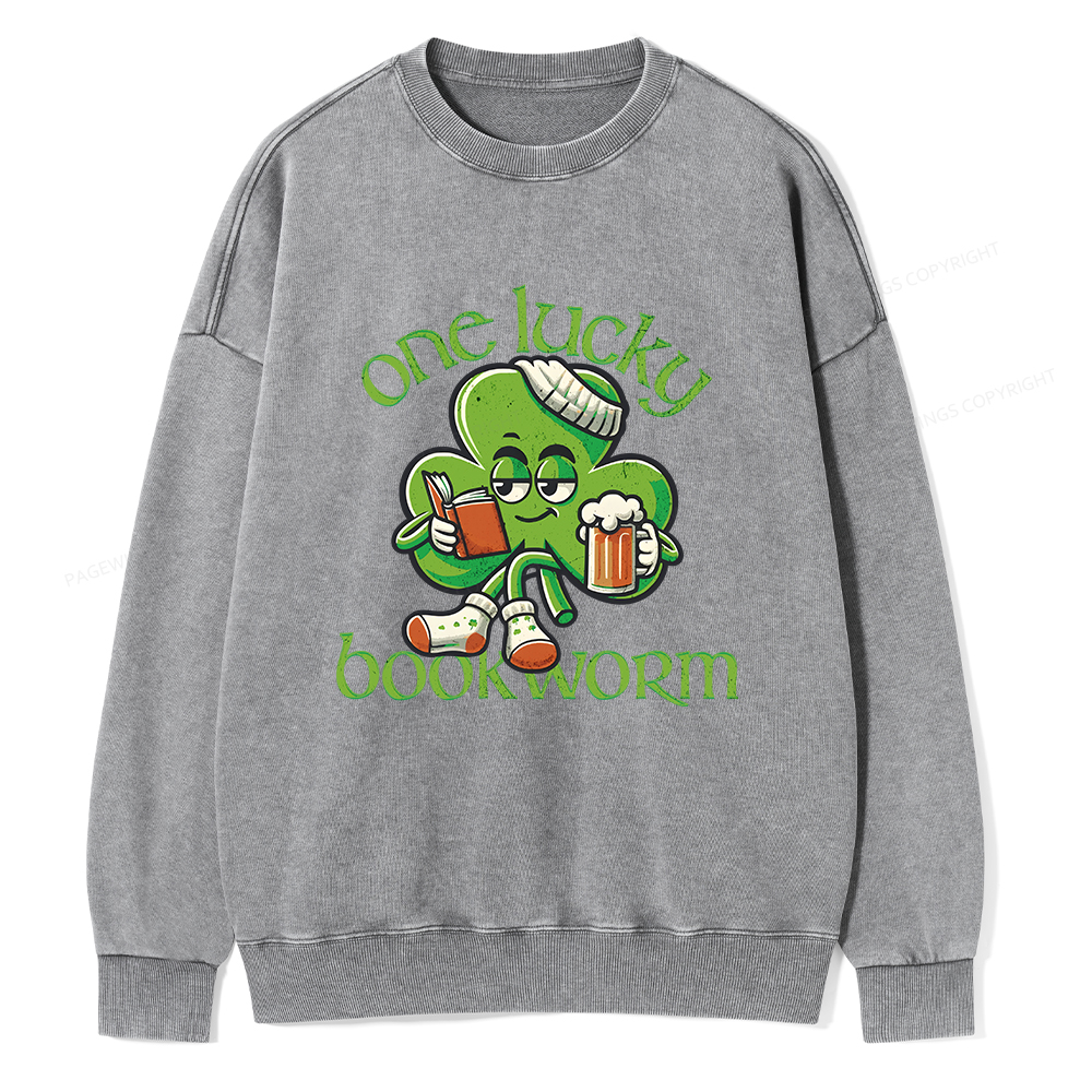 Pagewings  Lucky Book worm Shirt St. Patrick Day outfit Unisex Washed Sweatshirt