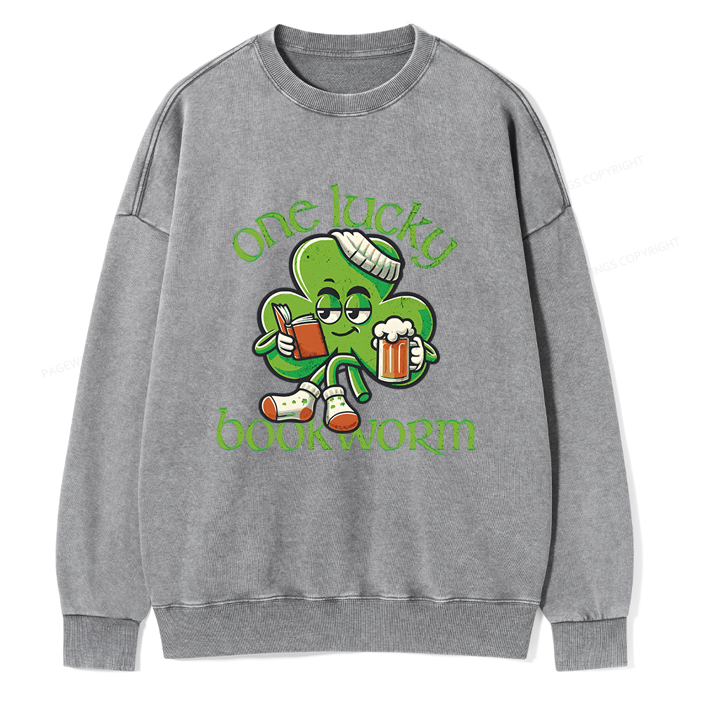 Pagewings  Lucky Book worm Shirt St. Patrick Day outfit Unisex Washed Sweatshirt
