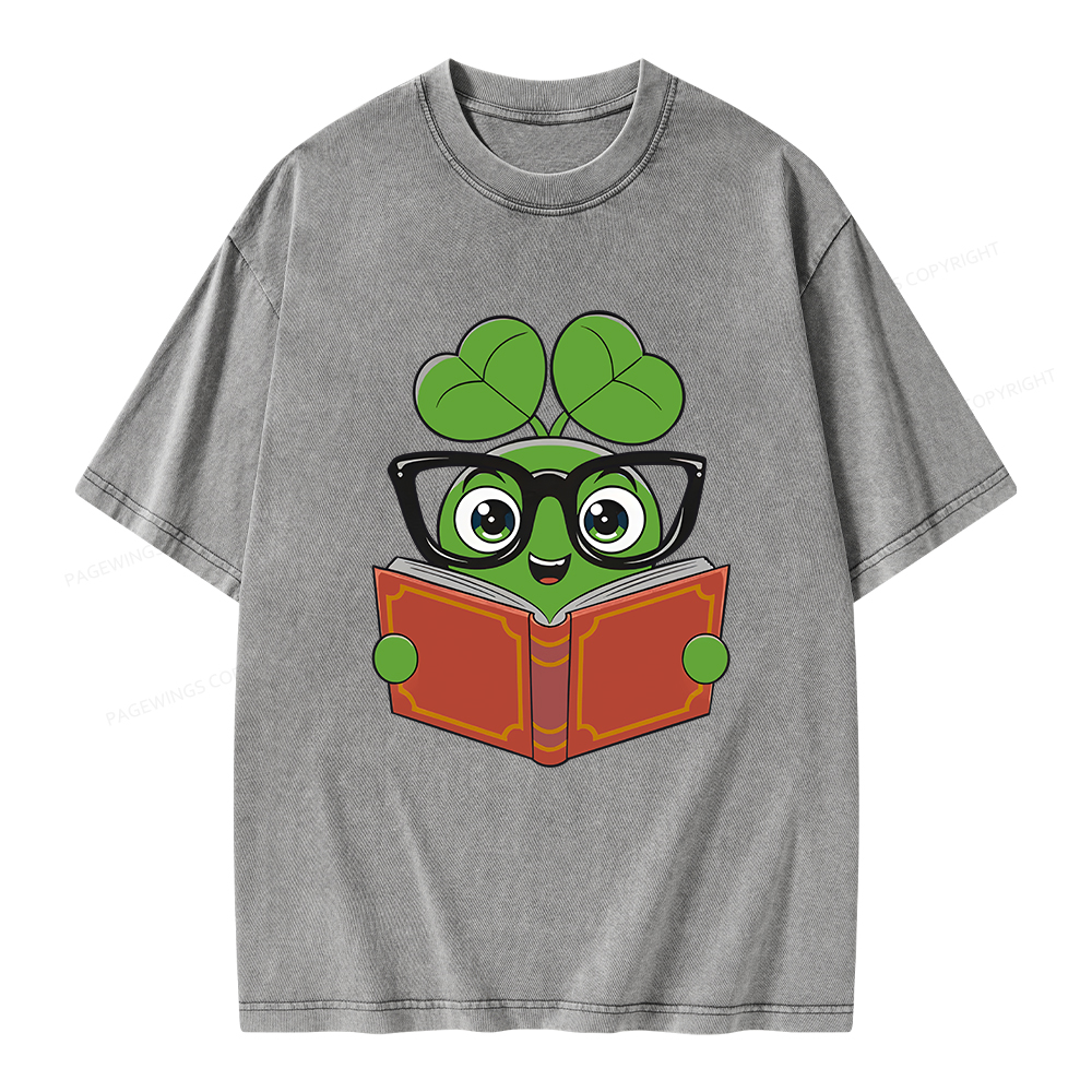 Pagewings Cute Reading Clover Tee Lucky Bookworm T-Shirt Unisex Washed T-shirt
