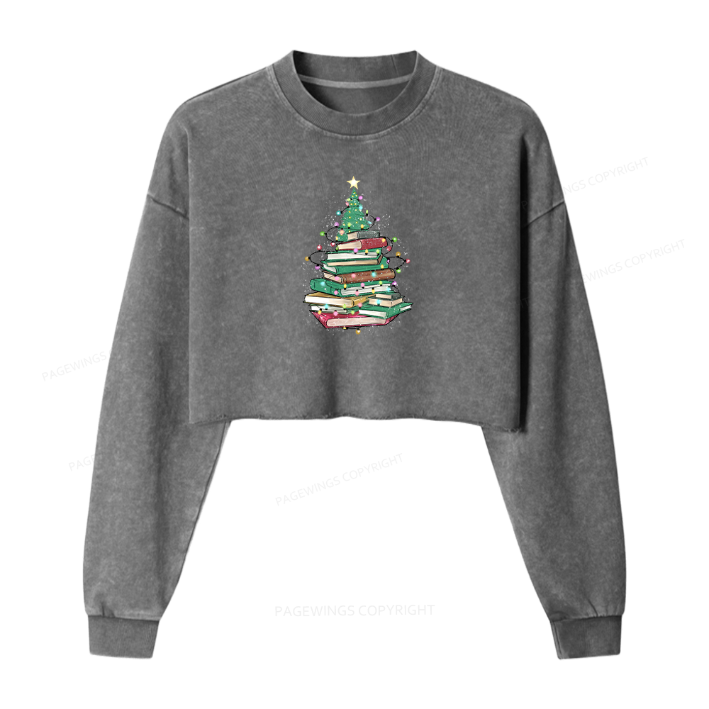 Pagewings Christmas Book Tree Women Washed Crop Sweatshirt
