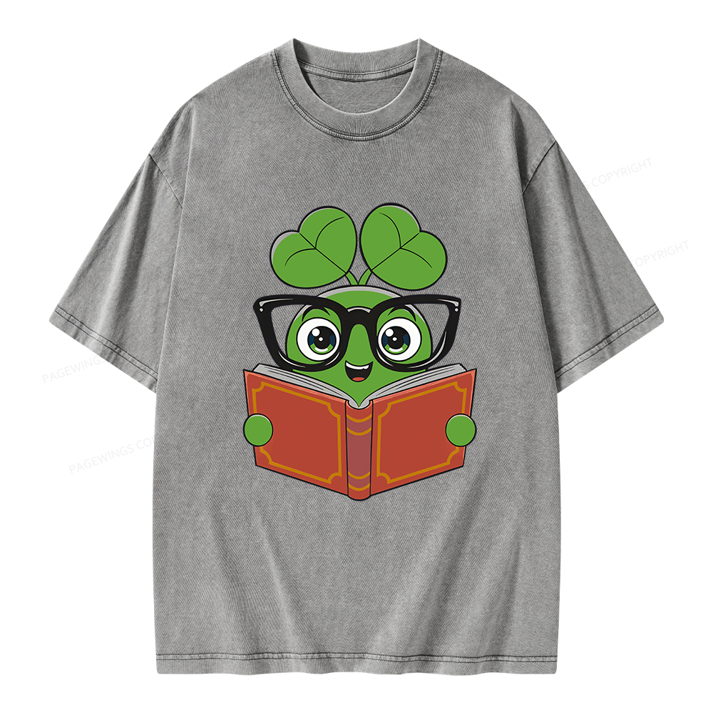 Pagewings Cute Reading Clover Tee Lucky Bookworm T-Shirt Unisex Washed T-shirt