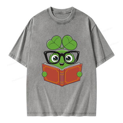 Pagewings Cute Reading Clover Tee Lucky Bookworm T-Shirt Unisex Washed T-shirt