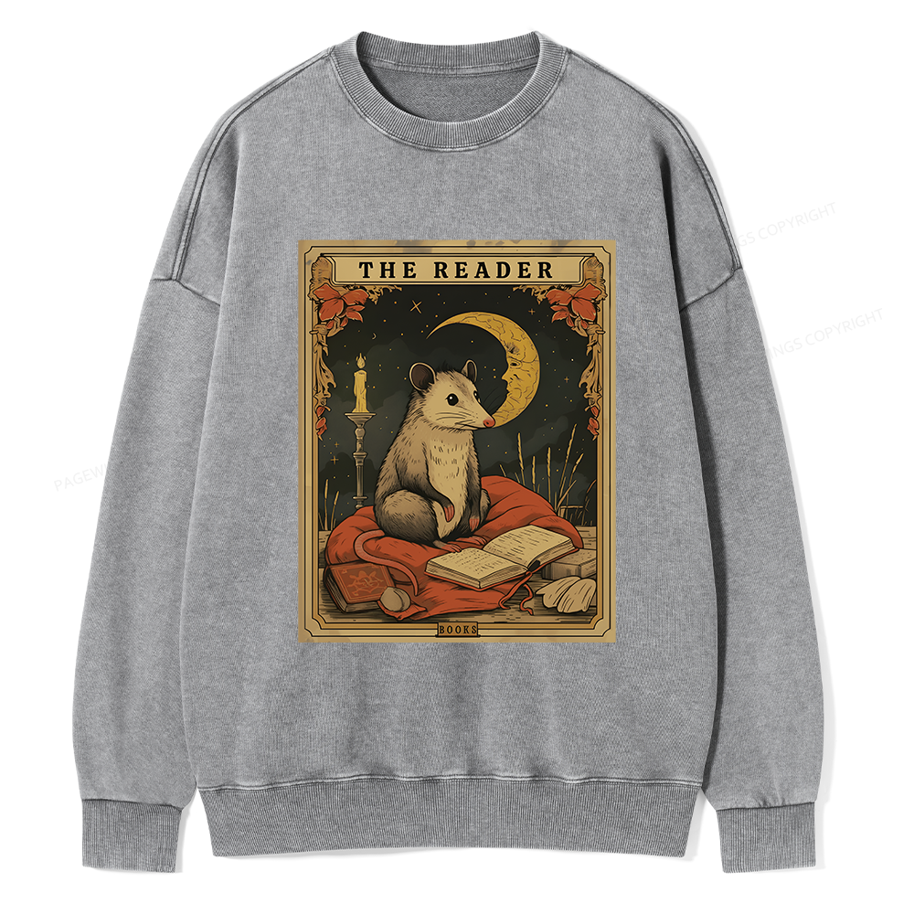 Pagewings The Reader Opossum Tarot Card Unisex Washed Sweatshirt
