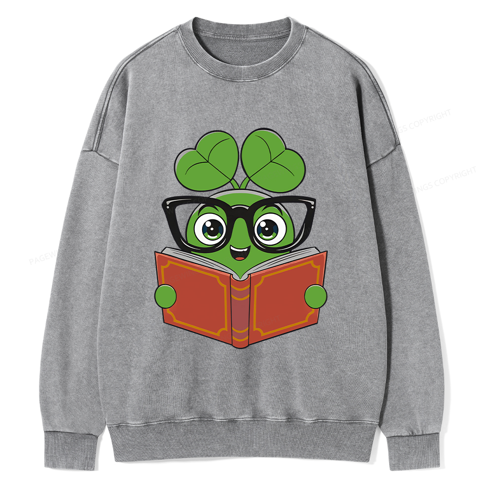  Pagewings Cute Reading Clover Tee Lucky Bookworm T-Shirt Unisex Washed Sweatshirt