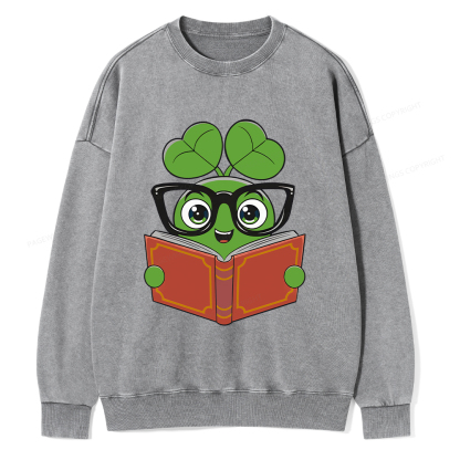  Pagewings Cute Reading Clover Tee Lucky Bookworm T-Shirt Unisex Washed Sweatshirt