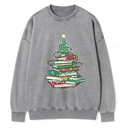 Pagewings Christmas Book Tree Unisex Washed Sweatshirt