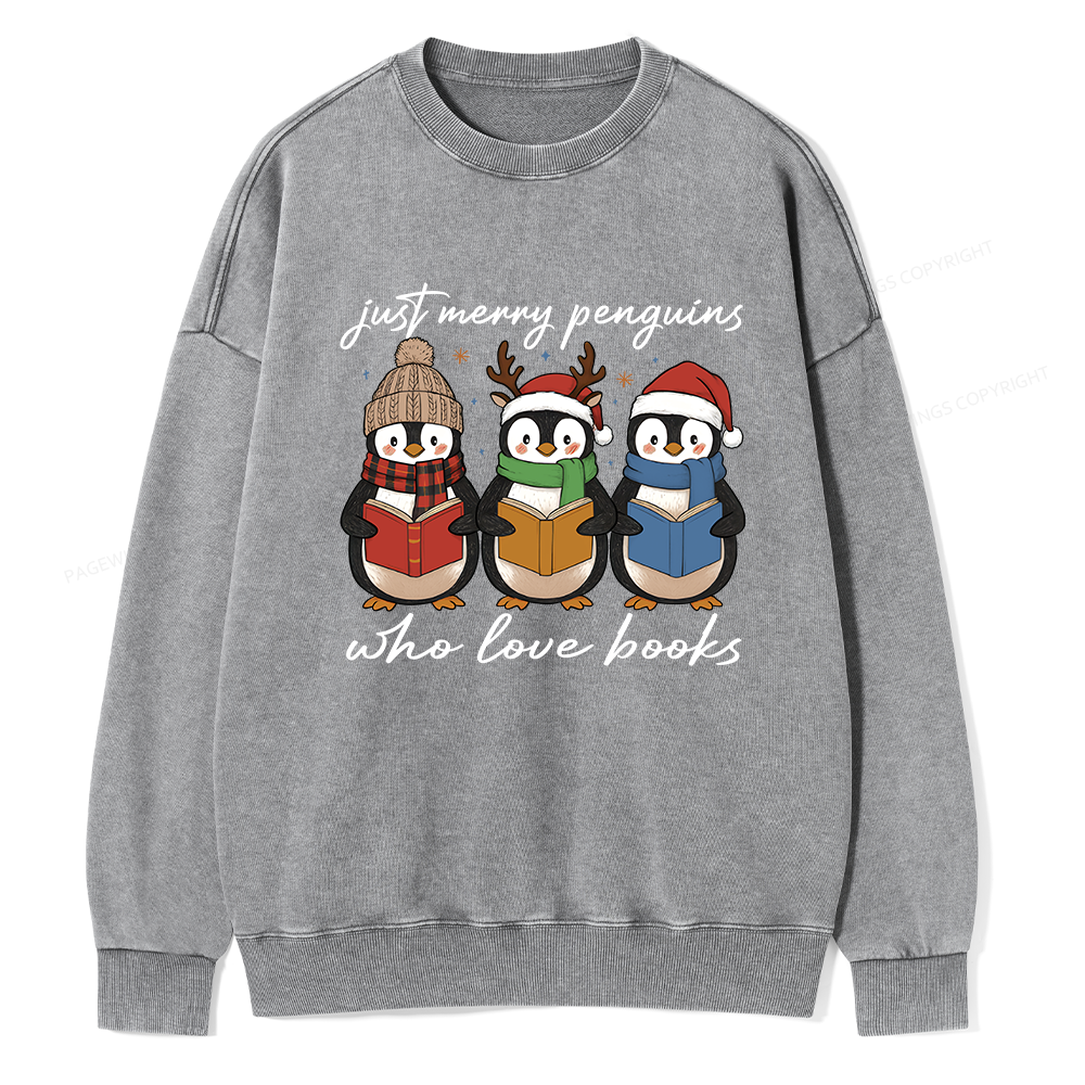 Pagewings Just Merry Penguins Who Love Books Unisex Washed Sweatshirt