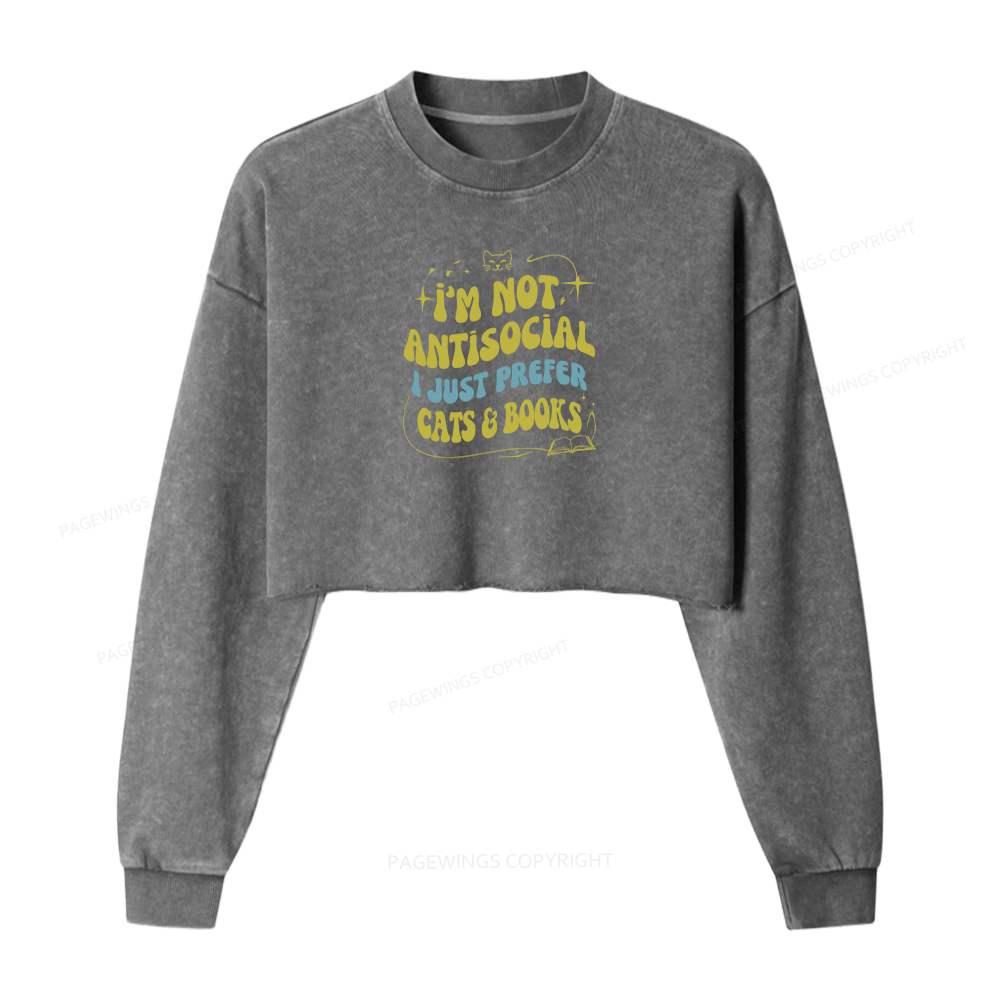 Pagewings I'm Not Antisocial I Just Prefer Cats And Books Women Washed Crop Sweatshirt