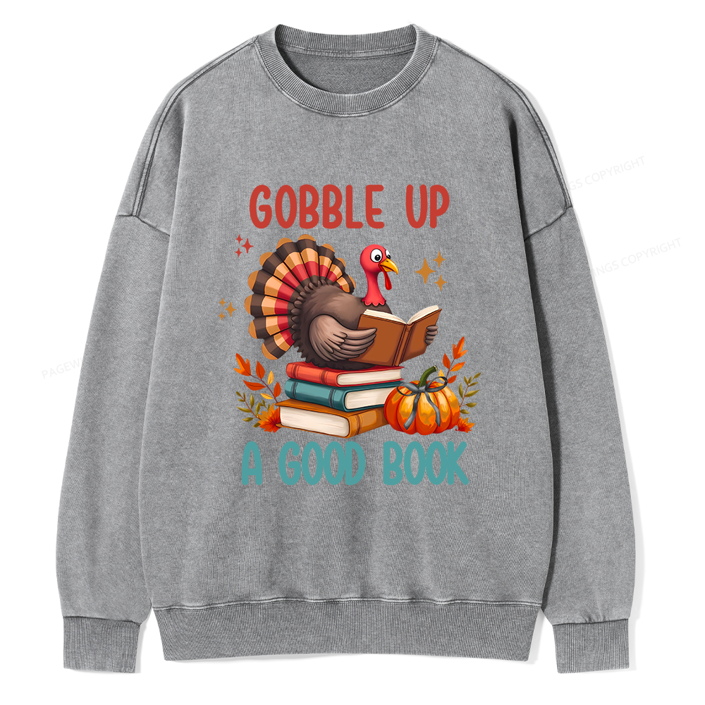 Pagewings Thanksgiving Turkey Reading Unisex Washed Sweatshirt
