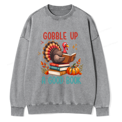Pagewings Thanksgiving Turkey Reading Unisex Washed Sweatshirt