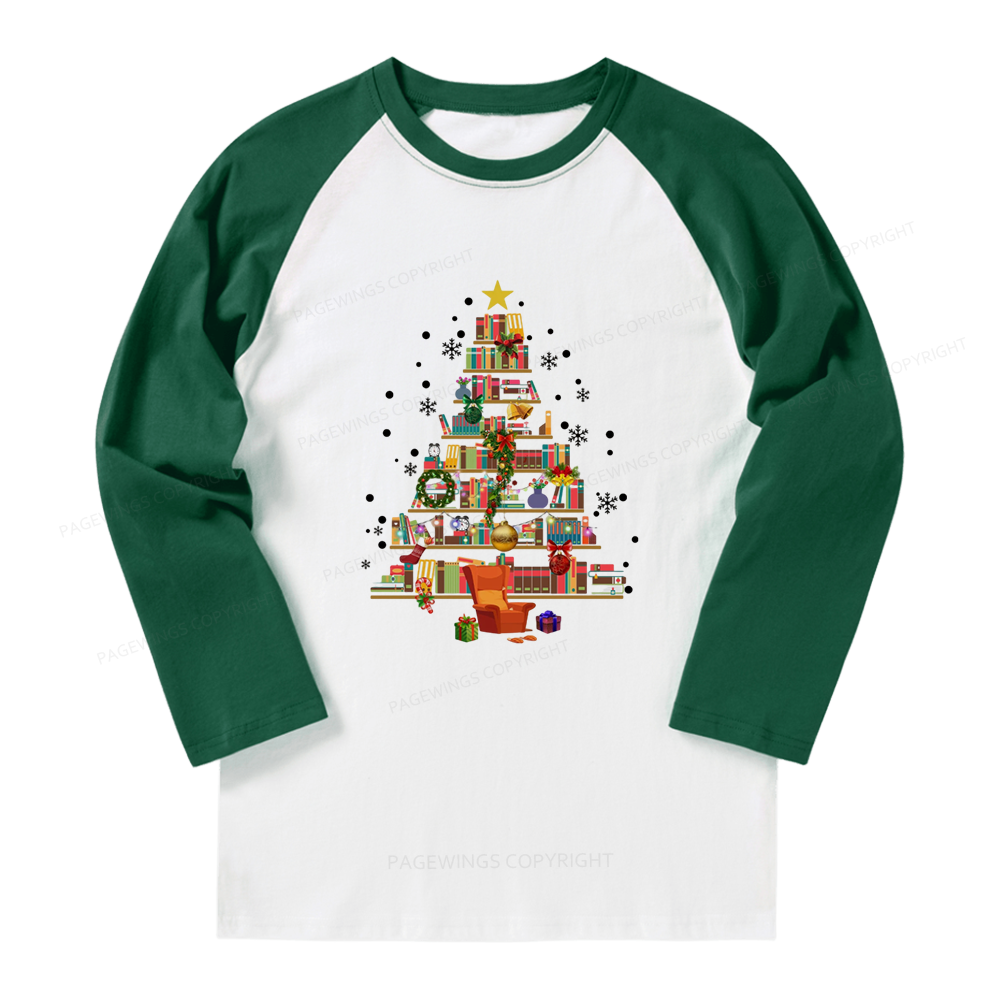 Pagewings Christmas Tree Made Of Books Long Sleeve Raglan T-shirt